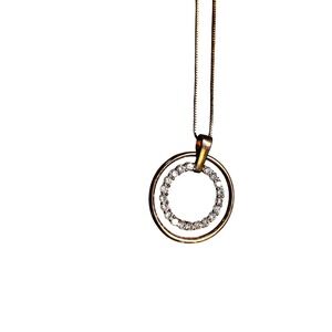 FAS Double Circle Pendant Necklace Cubic‎ Zirconia 925 Sterling Silver Gold Tone